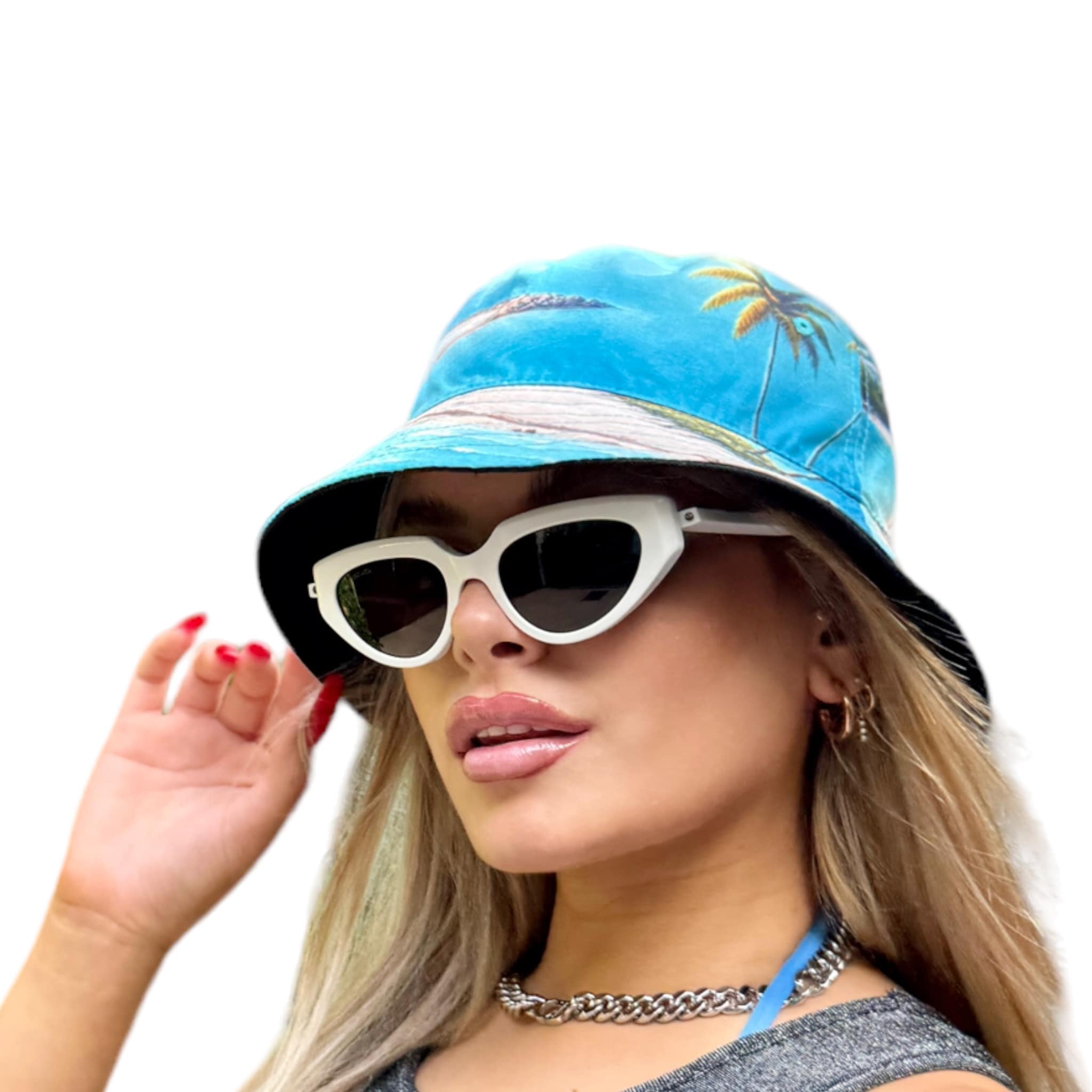 “Isla” Print Reversible Black Bucket Hat - Women's